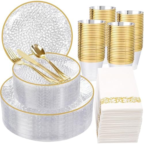 Rubtlamp 350 Pcs Clear Gold Plastic Plates, Hammered Disposable Dinnerware, Clear-Gold Plates Set Include 100 Plastic Platos, 150 Gold Disposable Silverware, 50 Cups And 50 Napkins for Party by Rubtlamp
