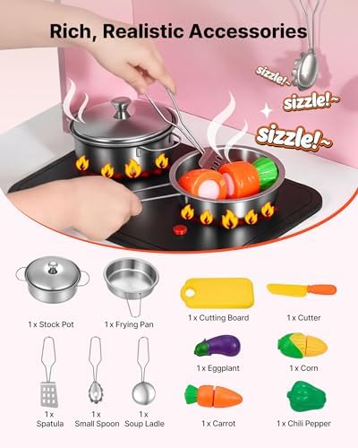 VEVOR Play Kitchen for Kids, Wooden Kids Kitchen Playset with Real Lights & Sounds, Food & Cookware, Pretend Play Toy Set, Microwave, Oven, Clicking Knobs, for Toddlers, Girls & Boys Ages 3-8, Pink - Image 5