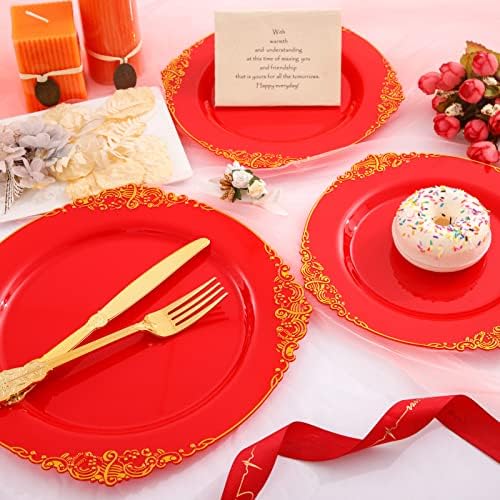 Morejoy 175PCS Red Plastic Plates,Red Disposable Plates With Gold Rim - Image 3