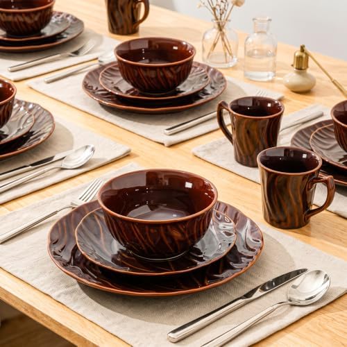 Ceramic Dinnerware Sets for 4, 16 pcs Plates and Bowls Sets, Reactive Glaze Ceramic Dish Set, Scratch Resistant, Microwave & Dishwasher Safe, Highly Chip and Crack Resistant Dishware sets, Rust Brown - Image 6