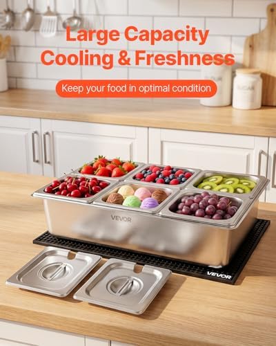 VEVOR Countertop Food Serving Display Container, Stainless Steel Food Salad Server Tray, Buffet Condiment Dispenser, Ice Cooled Rack with Separate Lid, for Restaurant, Hotel, Party (6x1/6 Pan) - Image 4