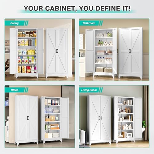 SISESOL 75" Tall Pantry Cabinet,Farmhouse Kitchen Pantry Storage Cabinets with 2 Doors and 5 Shelves,White Metal Storage Cabinet,Large Cupboard for Home,Kitchen,Dining/Living Room - Image 4