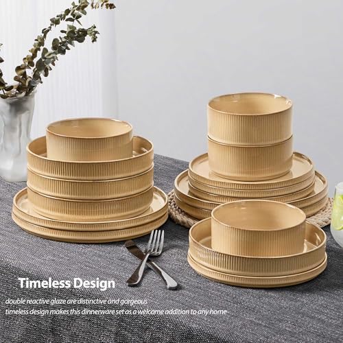 LIANYU 16 Piece Dinnerware Sets with Double Bowls, Ceramic Plates and Bowls Set for 4, Ribbed Stoneware Dishes, Microwave and Dishwasher Safe, Dune Khaki - Image 5