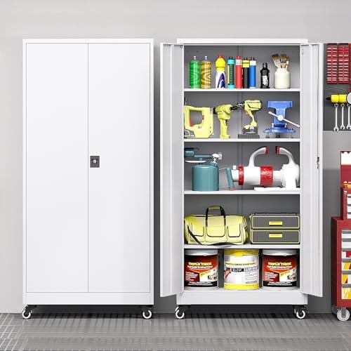Metal Garage Storage Cabinet with Locking Doors and Adjustable Shelves, Wide & Deep Storage Cabinet on Wheels, 74.5" Rolling Tool Cabinet for Garage, Basement, Home Office - Image 2