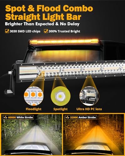 Auxbeam 42In LED Light Bar, 240W 6 Modes Straight Amber White Strobe Lights - Image 3