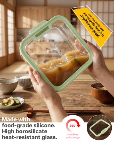 1-Pack Glass Food Storage Containers with Tempered Lids, 5.7Cup Borosilicate Glass Meal Prep Containers, Airtight & Oven-Safe (-4°F~950°F), BPA-Free, （Olive green） - Image 2