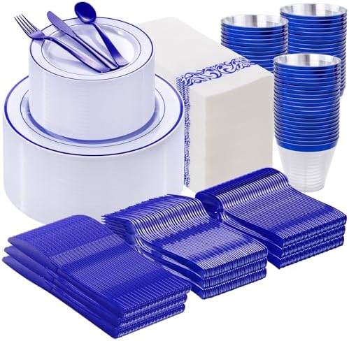 WELLIFE 700 Pcs Blue Plastic Plates for 100 Guests - Plastic Dinnerware Set,Party Supplies Includes 200 Blue Plates,300 Disposable Silverware,100 Napkins,100 Cups by WELLIFE