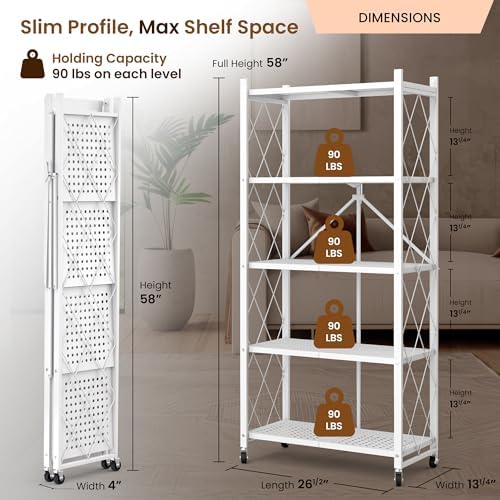 Our Modern Space 5-Tier Foldable Storage Shelf with Wheels | Metal Rack Collapsible Shelving Display | Rolling Cart for Books Kitchen Storage Shelves | Pantry & Closet Organizer | Office Room Decor - Image 2