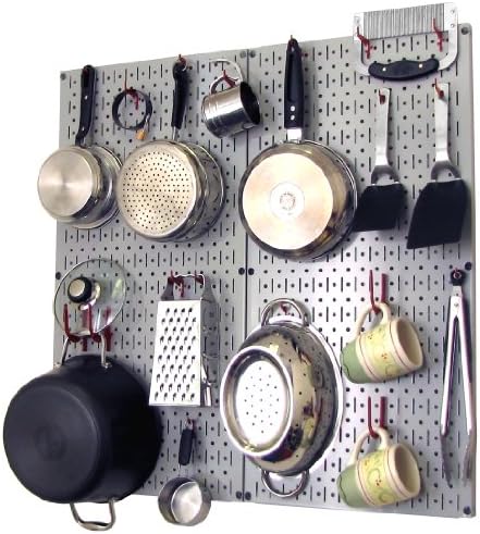 Wall Control Kitchen Pegboard Organizer Pots and Pans Storage Rack Organization Kit with Grey Pegboard and Red Accessories by Wall+Control