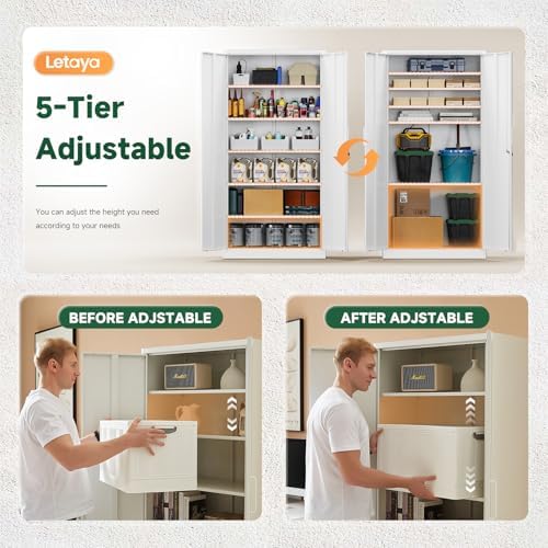 Letaya Metal Storage Cabinets with Lock Door,Steel Locker Garage Cabinets 5 Adjustable Shelves for Home,Office, Warehouse(White) - Image 4