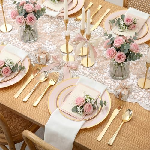 WDF Partyware 350PCS Pink Disposable Plates - Pink Plastic Plates 50Guests Plastic Dinnerware Sets with Rolled Napkins for Wedding/Birthday/Baby shower - Image 4