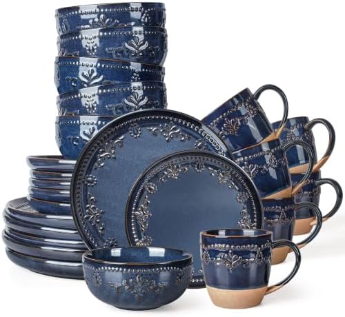 Artena 24-Piece Handcrafted Ceramic Dinnerware Set with Mugs, Service for 6 – Reactive Glaze Embossed Plates, Bowls & Mugs, Dishwasher & Microwave Safe, Blue, Damask Floral by Artena