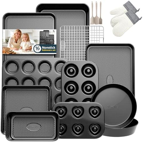 16-Piece Baking Pan Set, Nonstick Bakeware Set with Rack, Baking Sheet Set by SlowSLog