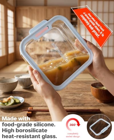 1-Pack Glass Food Storage Containers with Tempered Lids, 5.7Cup Borosilicate Glass Meal Prep Containers, Airtight & Oven-Safe (-4°F~950°F), BPA-Free, （Light blue） - Image 2
