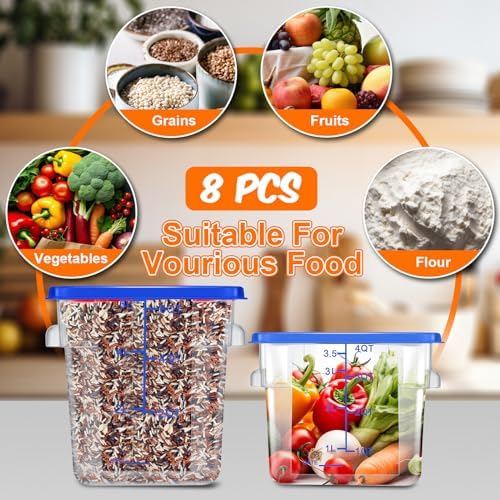 Suclain 8 Pack 4 QT and 6 QT Food Storage Containers with Lids Scales Handles Square Clear Restaurant Food Storage Containers Polycarbonate Commercial Grade for Kitchen Marinating Meat Dough(Blue) - Image 4