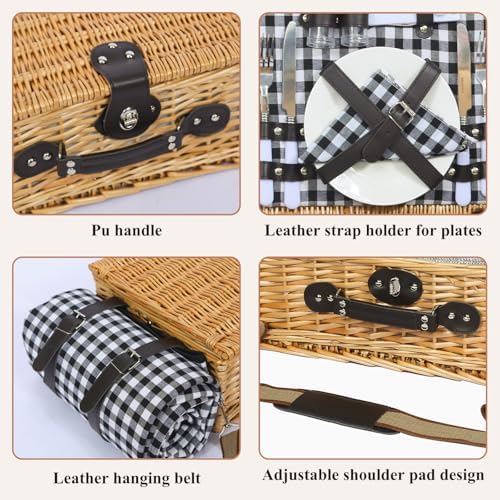 Picnic Basket for 2, Blanket & Insulated Wine Pouch, 16.6" Black - Image 5