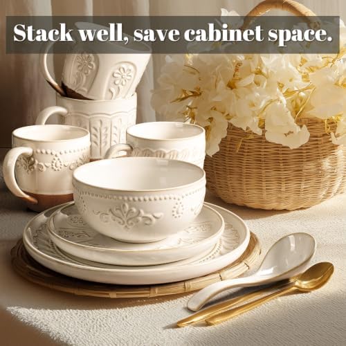 Artena 4-Piece Handcrafted Ceramic Dinnerware Set, Service for 1 – Reactive Glaze Embossed Plates, Bowls & Soup Spoons Included, Dishwasher & Microwave Safe, White, Damask Floral - Image 6