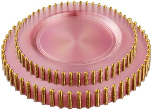 PLASTICPRO 128 Piece Combo Plastic Dinner Plates Disposable Plastic Fancy Heavy Duty Party Dishes 7 inch and 10 inch, Translucent Pink and Gold Beaded - Image 6