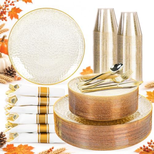 HOMIP 175PCS Clear Gold Glilter Plastic Dinnerware Set,Prerolled Silverware by HOMIP