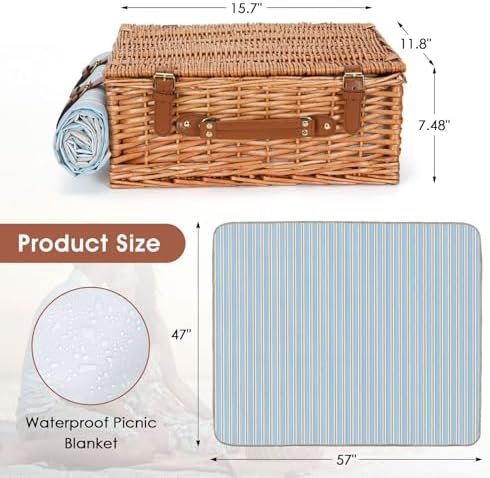 HappyPicnic Wicker Picnic Basket Set for 4 Persons with Cooler & Blanket - Image 5