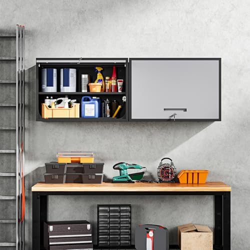 Yizosh Metal Wall Cabinet with Doors and Shelves, Wall Mounted Storage Cabinet for Garage, Basement, Kitchen, Warehouse (Black Gray, 21.6" H) - Image 2