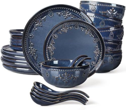 Artena 24-Piece Handcrafted Ceramic Dinnerware Set, Service for 6 – Reactive Glaze Embossed Plates, Bowls & Soup Spoons Included, Dishwasher & Microwave Safe, Blue, Damask Floral by Artena