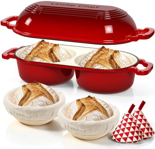 Umite Chef Dutch Oven for Bread Baking–Enamelled Cast Iron Dutch Oven Pot with Lid – 500°F Oven Safe–Double Round Loaf Bread Pan with 5" Banneton Proofing Baskets for Homemade Bread, Meatloaf, Cake by UmiteChef