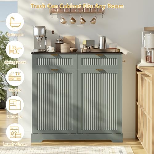 Double 13 Gallon Tilt Out Trash Can Cabinet,Garbage Cabinet with Drawer - Image 3