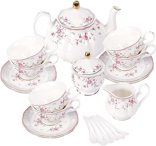 fanquare Vintage Porcelain Tea Set for Women Tea Party, Cup and Saucer Set for 6, Wedding Floral Teapot Set for Adults, Pink Rose by fanquare