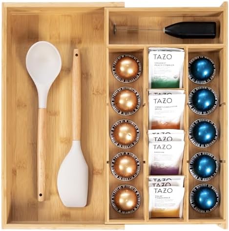 KitchenEdge Tea Bag & Coffee Pod Organizer, 9.7-17 in, Bamboo by KitchenEdge