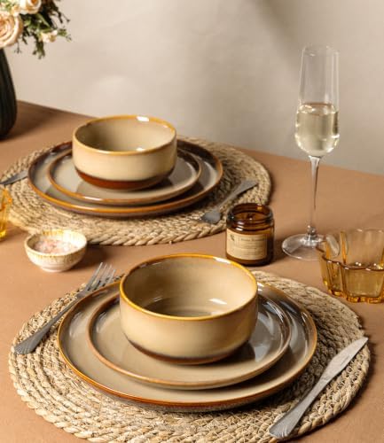 TheTerra Ceramic Dinnerware Sets for 8, 24 Pieces Handmade Reactive Glaze Plates and Bowls Set, Scratch Resistant Dish Set, Oven & Microwave & Dishwasher Safe, Creamy Amber - Image 6