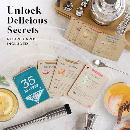 BARE BARREL® Mixology Bartender Kit Bar Set | 14-Piece Cocktail Shaker Set | Martini Barware Mixing Tools for Home Bartending | 35 Recipe Cards | Gift Set (24oz Cobbler Shaker, Silver/Natural) - Image 5