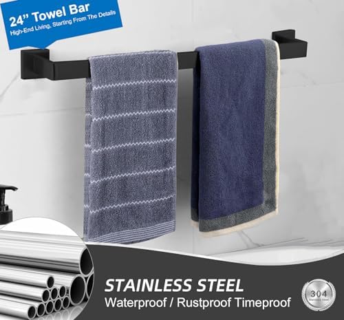 Towel Bar for Bathroom 24 Inch Matte Black Towel Holder 12/16/20/24/28/32/36 Inch Stainless Steel SUS304 Rustproof Towel Rack Modern Square Towel Rod for Bathroom Wall (1, Matte Black, 24 Inch) - Image 3