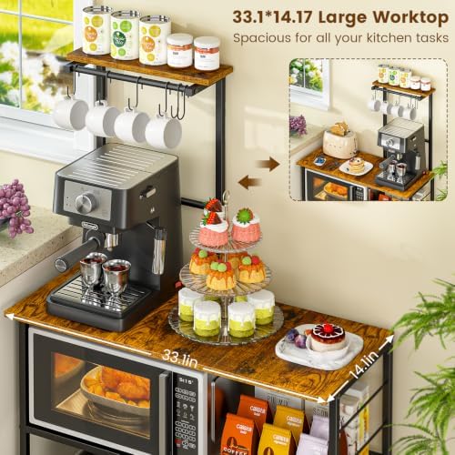 3IngSeagulls Bakers Rack with Storage, Kitchen Microwave Stand with Adjustable Shelf and 6 S Hooks, 4-Tier Coffee Station Table, Kitchen Shelves for Spices, Pots, Rustic Brown - Image 3
