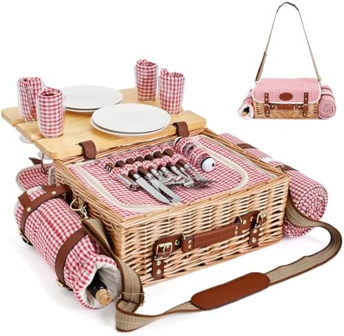 Multifunctional Wicker Picnic Basket Set for 4 with Blanket and Picnic Table, Insulated Picnic Set with Full Tablewares for Camping Outdoor Couples, Gingham by SatisInside