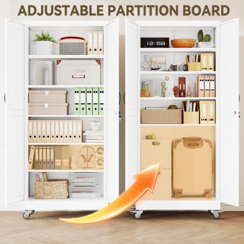 Metal Storage Cabinets with Wheels, Steel Tool Cabinets Lock Door and 5 Adjustable Shelves for Home Office, Garage, Kitchen (White, 74.8" H) - Image 4