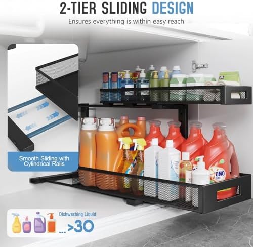2 Pack 20.47IN Depth Under Sink Storage Organizer, Large 2-Tier Elegant Mesh Pull Out Shelf for Kitchen and Bathroom Cabinet Organization, L-Shaped and Adjustable Height Design-Black - Image 4