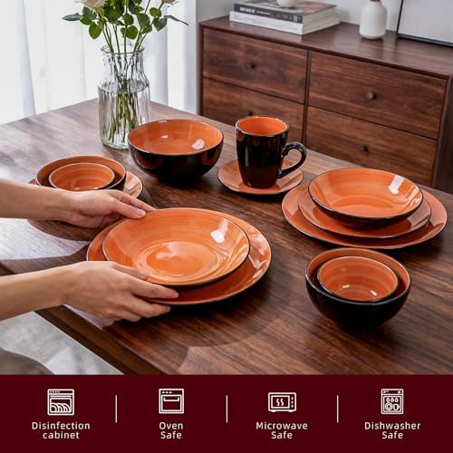 HomeVss, Stoneware Sonoma Dinnerware Set, Black + Speckled Spin Wash (56pc Set, Orange) - Image 3