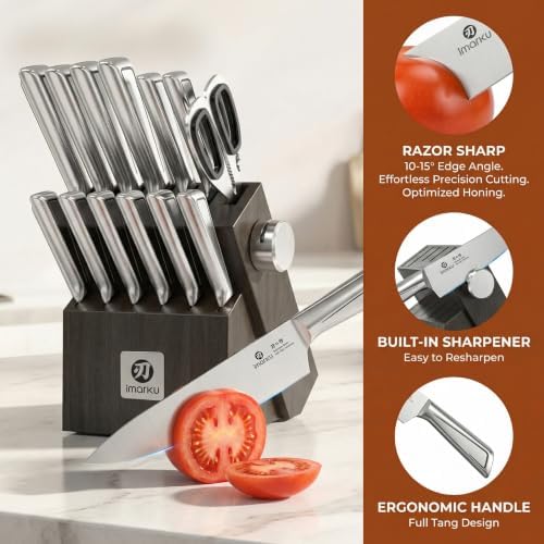 imarku Japanese High Carbon Stainless Steel Knife Set with Block, Precision-Forged Gyutou Kitchen Knives with Built-in Sharpener, Ultra-Sharp 10–15° Edge, Ergonomic Non-Slip Handle, Dishwasher Safe - Image 4