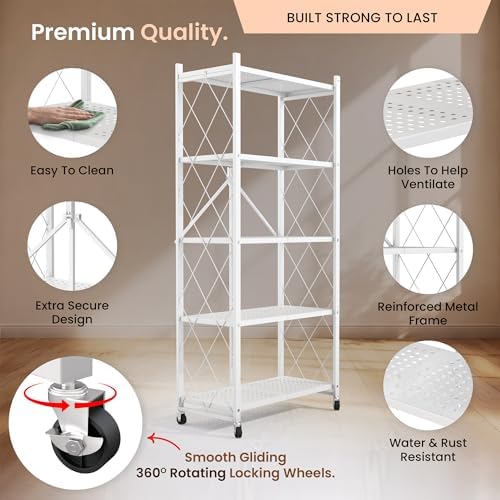 Our Modern Space 5-Tier Foldable Storage Shelf with Wheels | Metal Rack Collapsible Shelving Display | Rolling Cart for Books Kitchen Storage Shelves | Pantry & Closet Organizer | Office Room Decor - Image 3