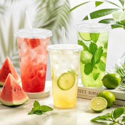 50 Pack 24oz Clear Plastic Iced Coffee Cups with Lids & Straws - Image 3