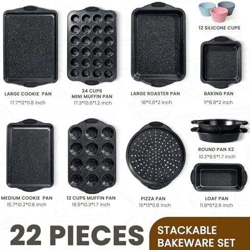 Kikcoin 22 PCS Nonstick Baking Pans Set, Stackable Bakeware Sets with Silicone Handles, 450°F Oven Safe Baking Sheet set, Easy Release Cookie Sheets for Baking, Black - Image 2