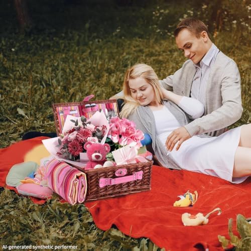 Wicker Picnic Basket for 4 with Waterproof Picnic Blanket and Insulated Cooler, Willow Hamper for Camping, Outdoors, Photoshoot, or a Birthday, Valentine’s Day, Wedding Gift, Pink - Image 2