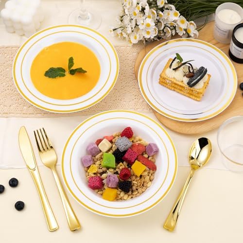 BESTSTAR 100 Pack Disposable Soup Bowls with Gold Rim - Image 2
