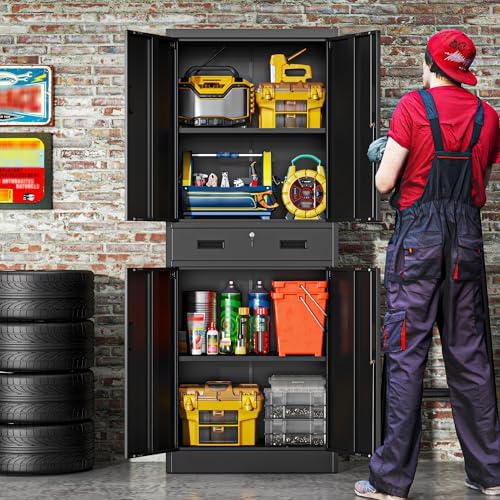 BESFUR Metal Storage Cabinet with 1 Drawer and Adjustable Shelves, 71" H Reinforced Heavy Duty Locking Storage Cabinet for Office, Garage, Home, School, Utility(Black) - Image 2