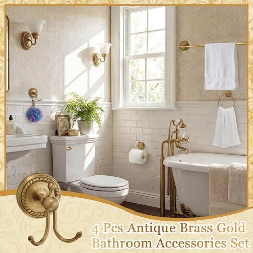 4 Pcs Antique Brass Gold Bathroom Accessories Set Wall-Mounted Towel Rack & Towel Ring & Toilet Paper Holder & Robe Hook, Wall Mounted Brass Vintage Bath Hardware Fixture Set(Style 5) - Image 5