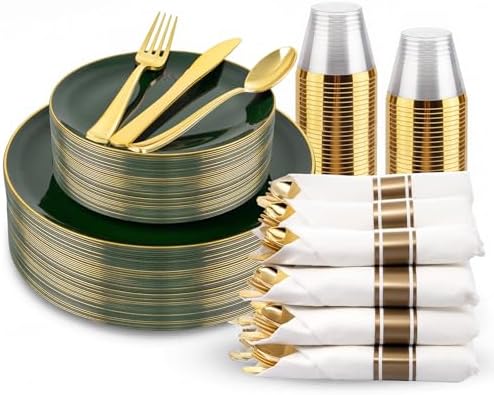 KIRE 175PCS Green Plastic Plates with Gold Rim - Heavy Duty Green Plates Disposable Include 50 Fancy Plastic Plate, 25Pre Rolled Napkins 25 Cups For Party/Wedding/Christmas by KIRE