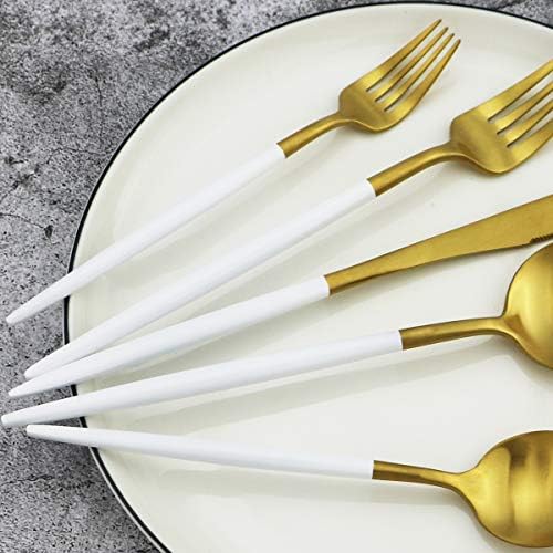 White Handle Matte Gold Silverware Set,Gugrida 5-Piece 18/10 Stainless Steel Satin Finish Flatware Set,Kitchen Utensil Set,Tableware Travel Cutlery Set for Camping Office Lunch, Dishwasher Safe - Image 4