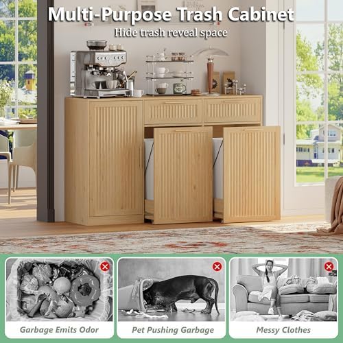 Double 13 Gallon Pull Out Trash Can Cabinet with Storage Cabinet,Natural - Image 6
