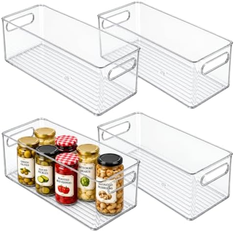 Plastic Food Storage 4 Pack Clear Container Bin with Handles for Organizing Kitchen, Pantry, Refrigerator, Freezer, Pantry, Cabinet, Closet, Bathroom. 12”x6”x5” by primebox